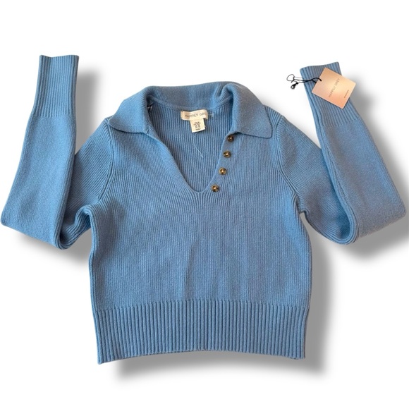Happily Grey Tops - NWT Happily Grey Blue Long Sleeve Stretchy V-Neck Top Button Accents Size XS
